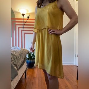Mustard dress, Asymmetrical bottom at the front, straight back